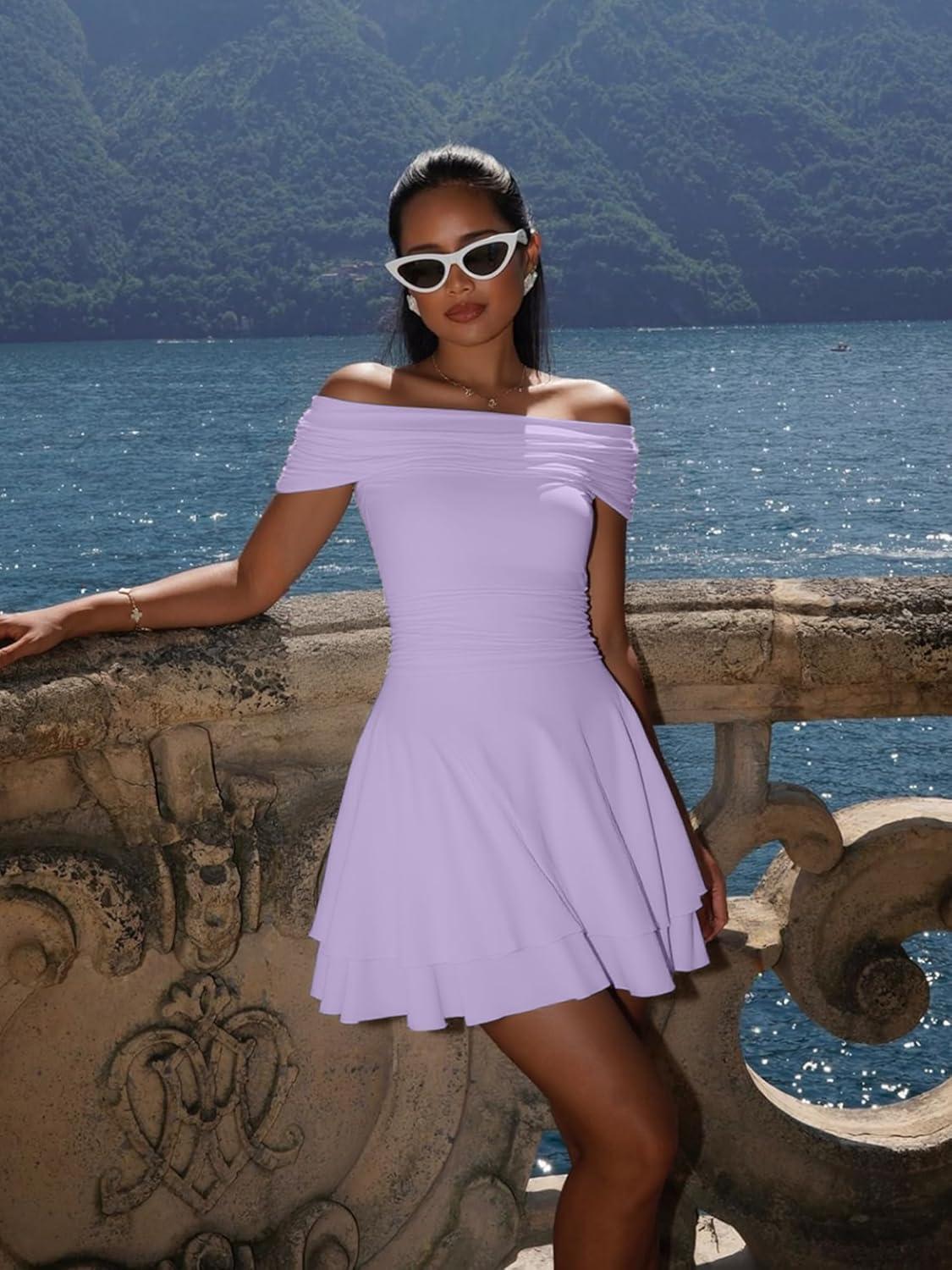 imageKaximil Womens Off The Shoulder Mini Dress Ruffle Hem Ruched Corset Short Cocktail Party DressesPurple