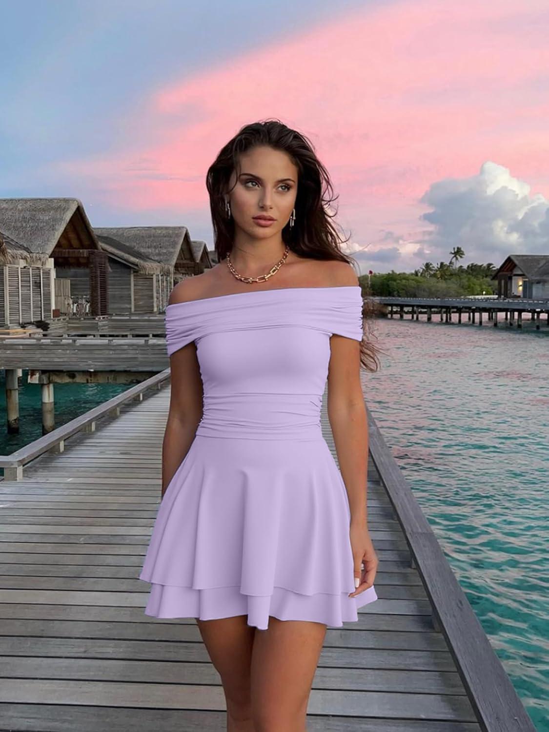 imageKaximil Womens Off The Shoulder Mini Dress Ruffle Hem Ruched Corset Short Cocktail Party DressesPurple