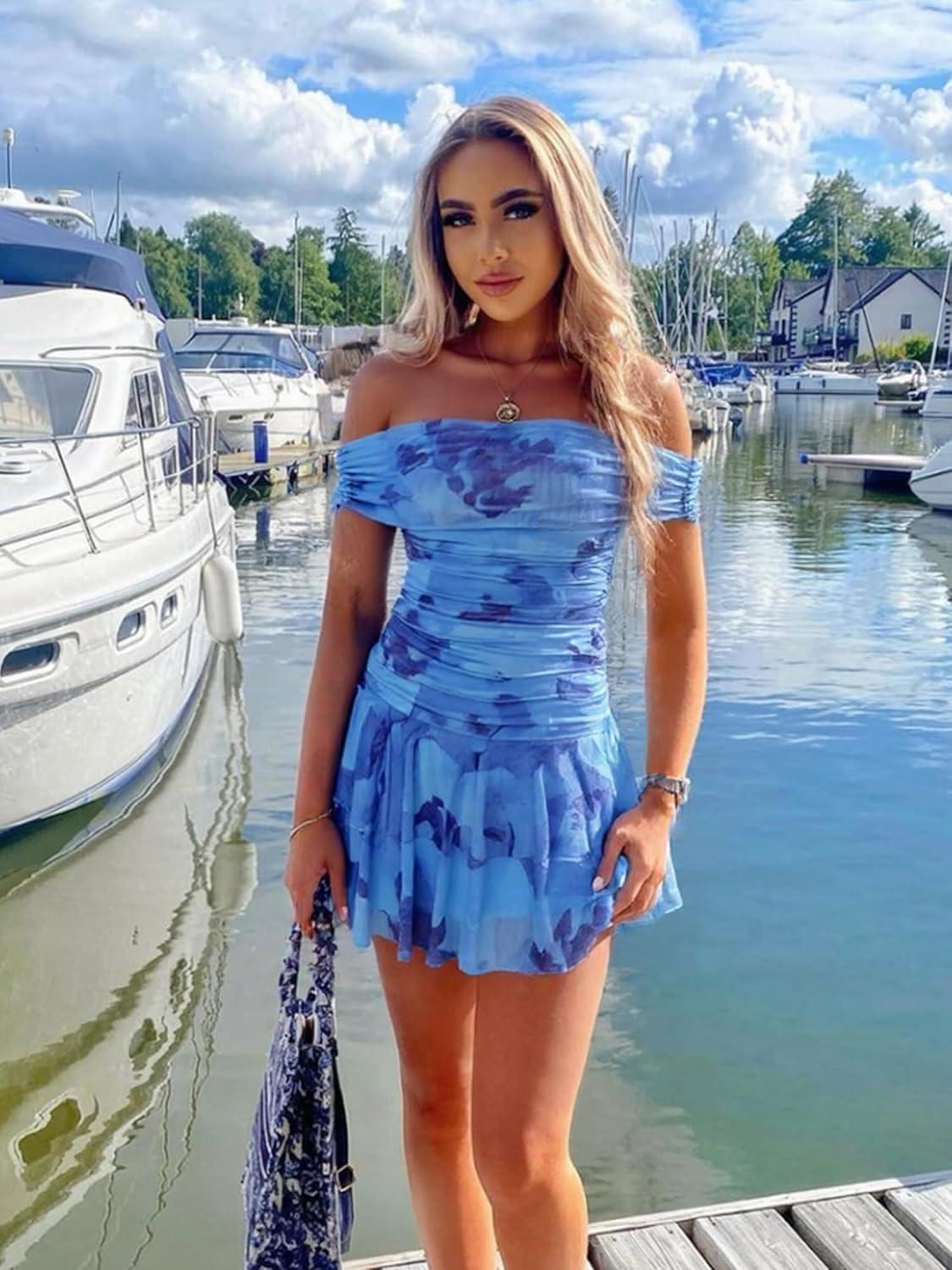 imageKaximil Womens Off The Shoulder Floral Mini Dress Ruffle Hem Ruched Corset Short Cocktail Party DressesBlue