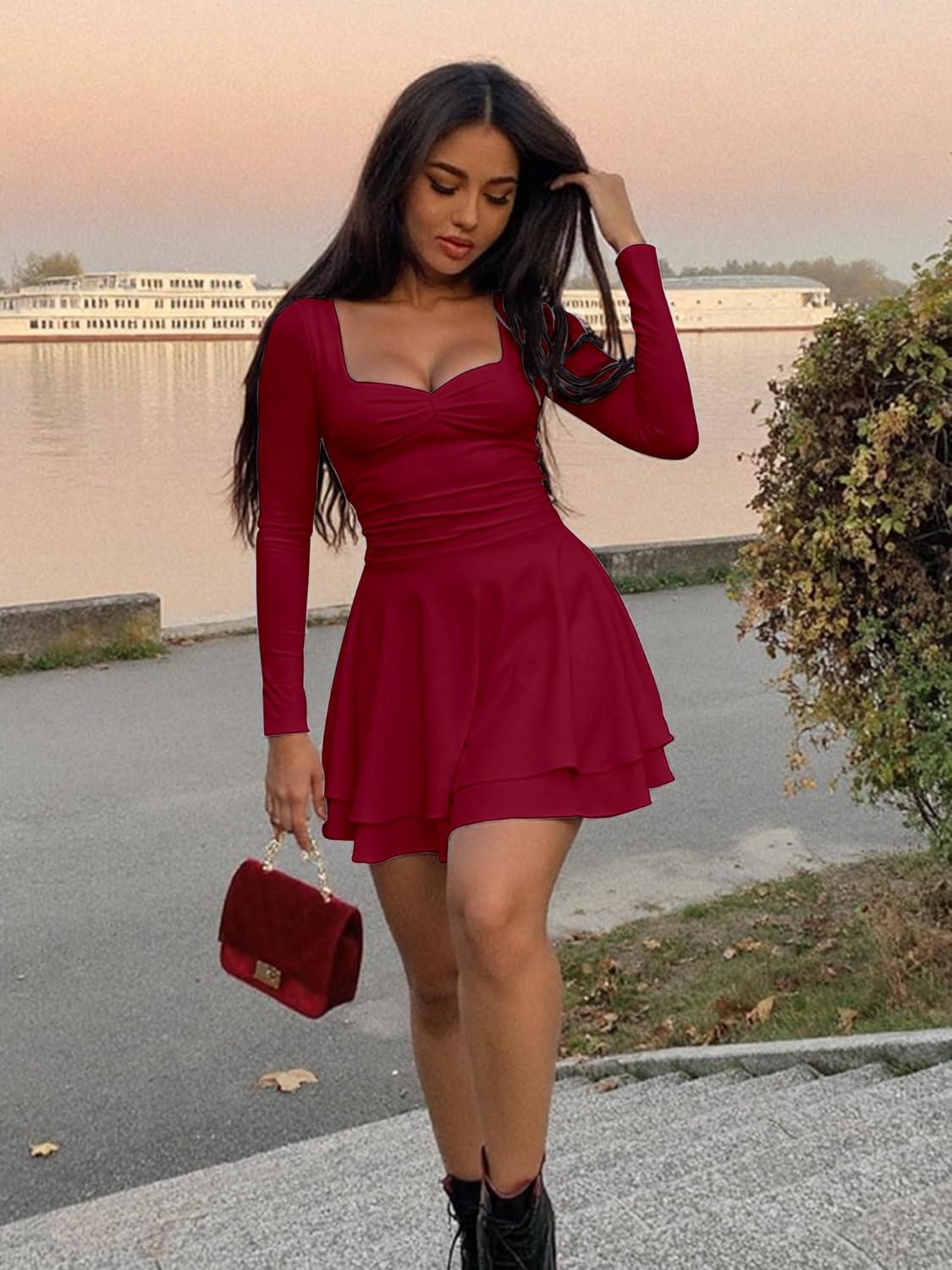 imageKaximil Womens Long Sleeve Square Neck Mini Dress Ruched Ruffle Corset A Line Party Short DressesWine Red