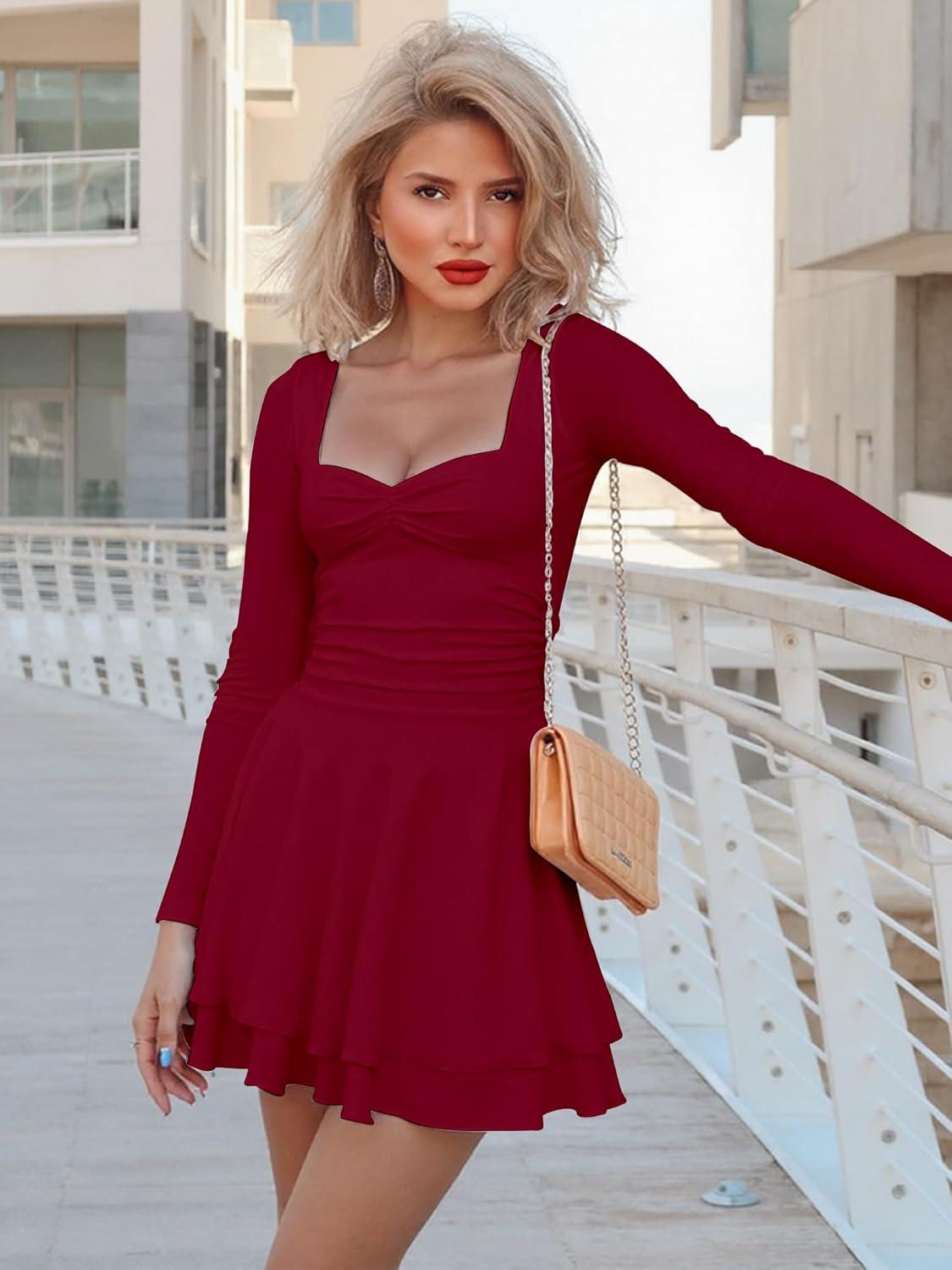 imageKaximil Womens Long Sleeve Square Neck Mini Dress Ruched Ruffle Corset A Line Party Short DressesWine Red