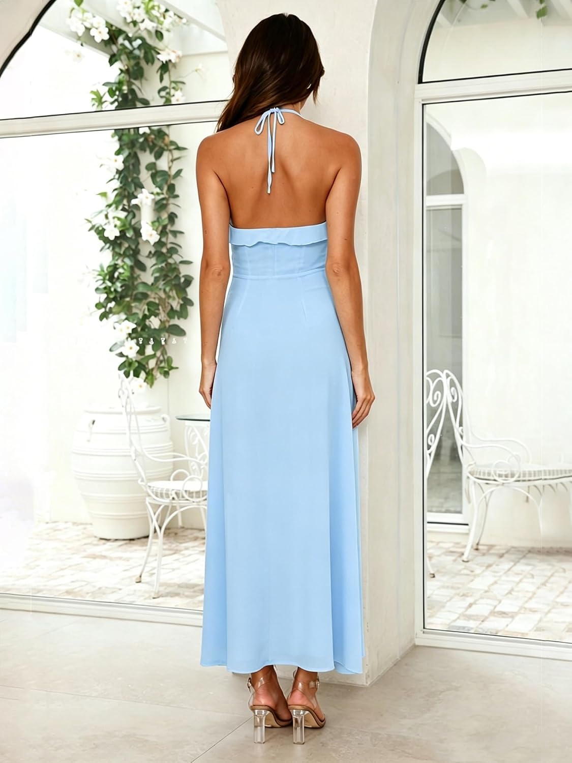image:imageKaximil Womens Sexy Halter Wedding Guest Maxi Dresses Bodycon Ruffle High Slit Cocktail Formal Long DressBaby Blue
