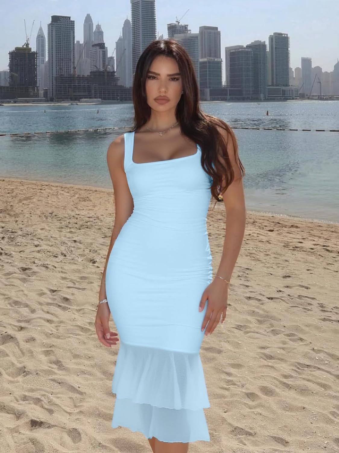 image:imageKaximil Womens Sexy Bodycon Ruffle Maternity Midi DressBabyblue