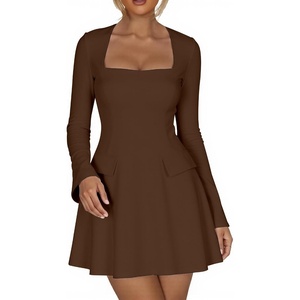 Kaximil Women’s Long Sleeve Square Neck Corset Mini Dress(Coffee)