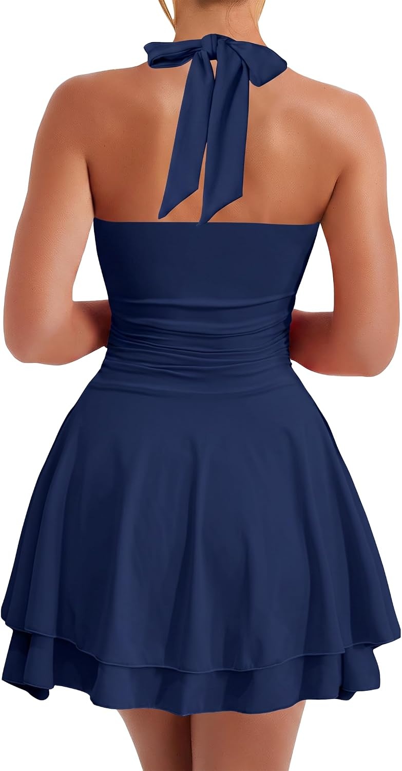 image:imageKaximil Womens Sexy Halter Ruffle Hem Mini DressNavy