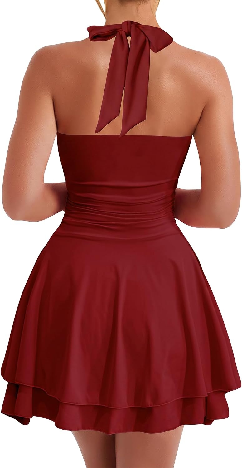 image:imageKaximil Womens Sexy Halter Ruffle Hem Mini DressWine Red