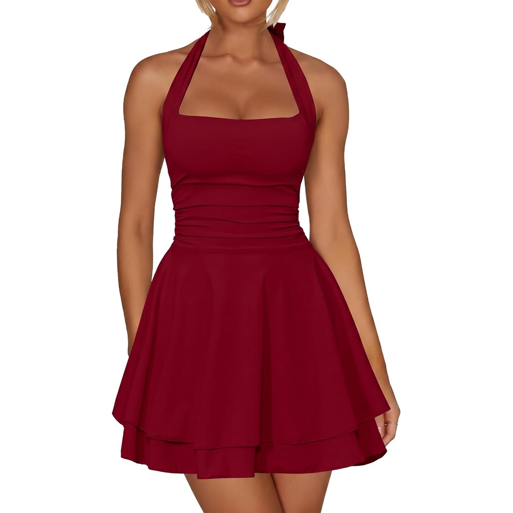 image:imageKaximil Womens Sexy Halter Ruffle Hem Mini DressWine Red