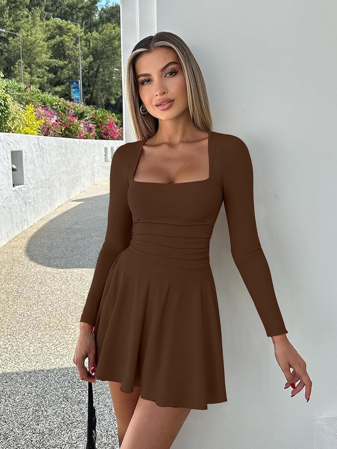 image:imageKaximil Womens Corset Long Sleeve Mini DressesCoffee