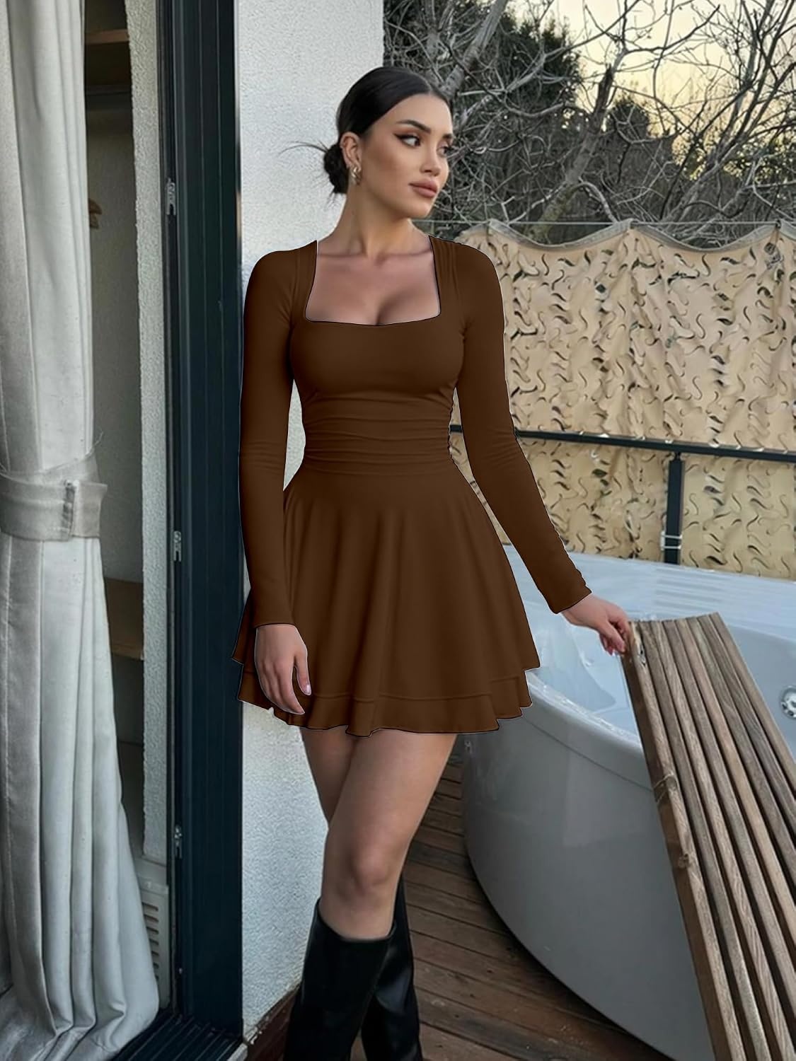 image:imageKaximil Womens Corset Long Sleeve Party Mini DressCoffee