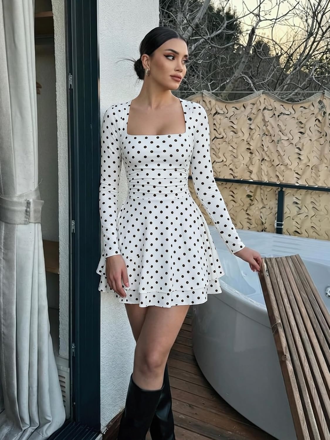 image:imageKaximil Womens Corset Long Sleeve Party Mini DressDot White