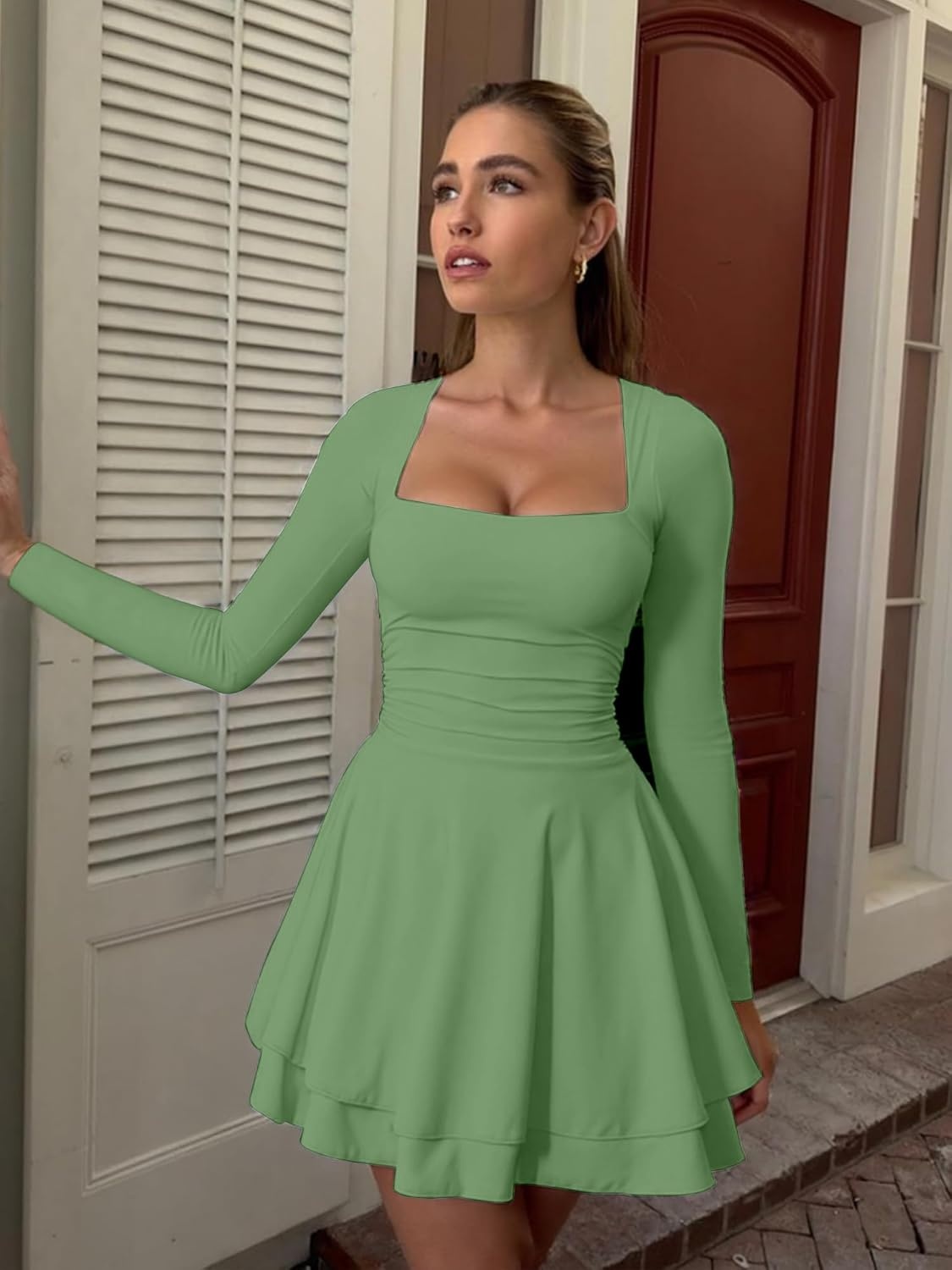 image:imageKaximil Womens Corset Long Sleeve Party Mini DressPea Green