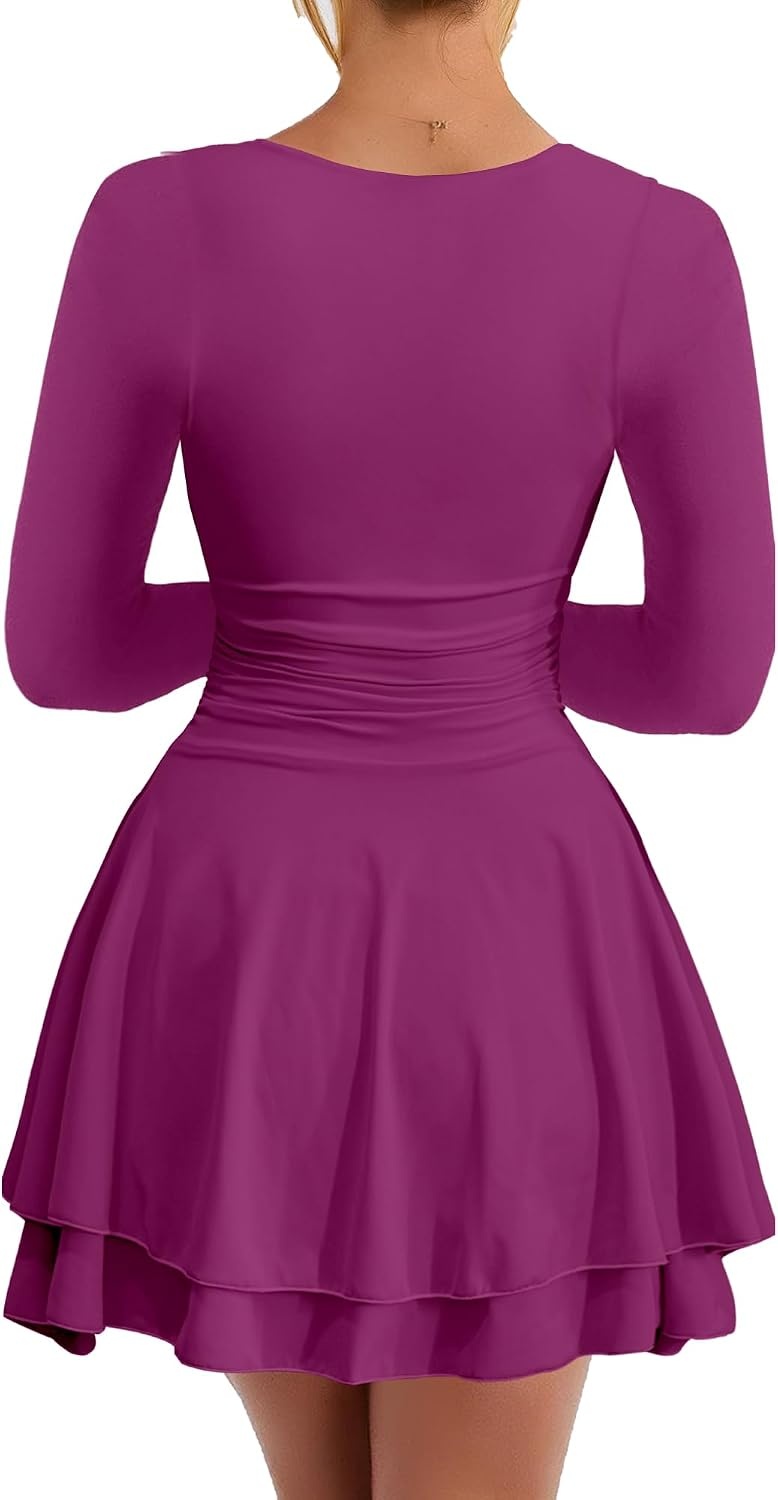 image:imageKaximil Womens Corset Long Sleeve Party Mini DressPurple Red