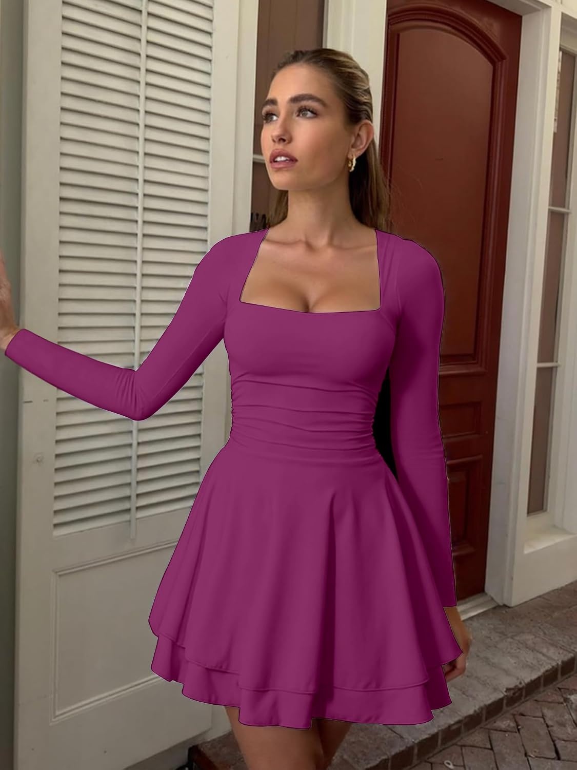 image:imageKaximil Womens Corset Long Sleeve Party Mini DressPurple Red