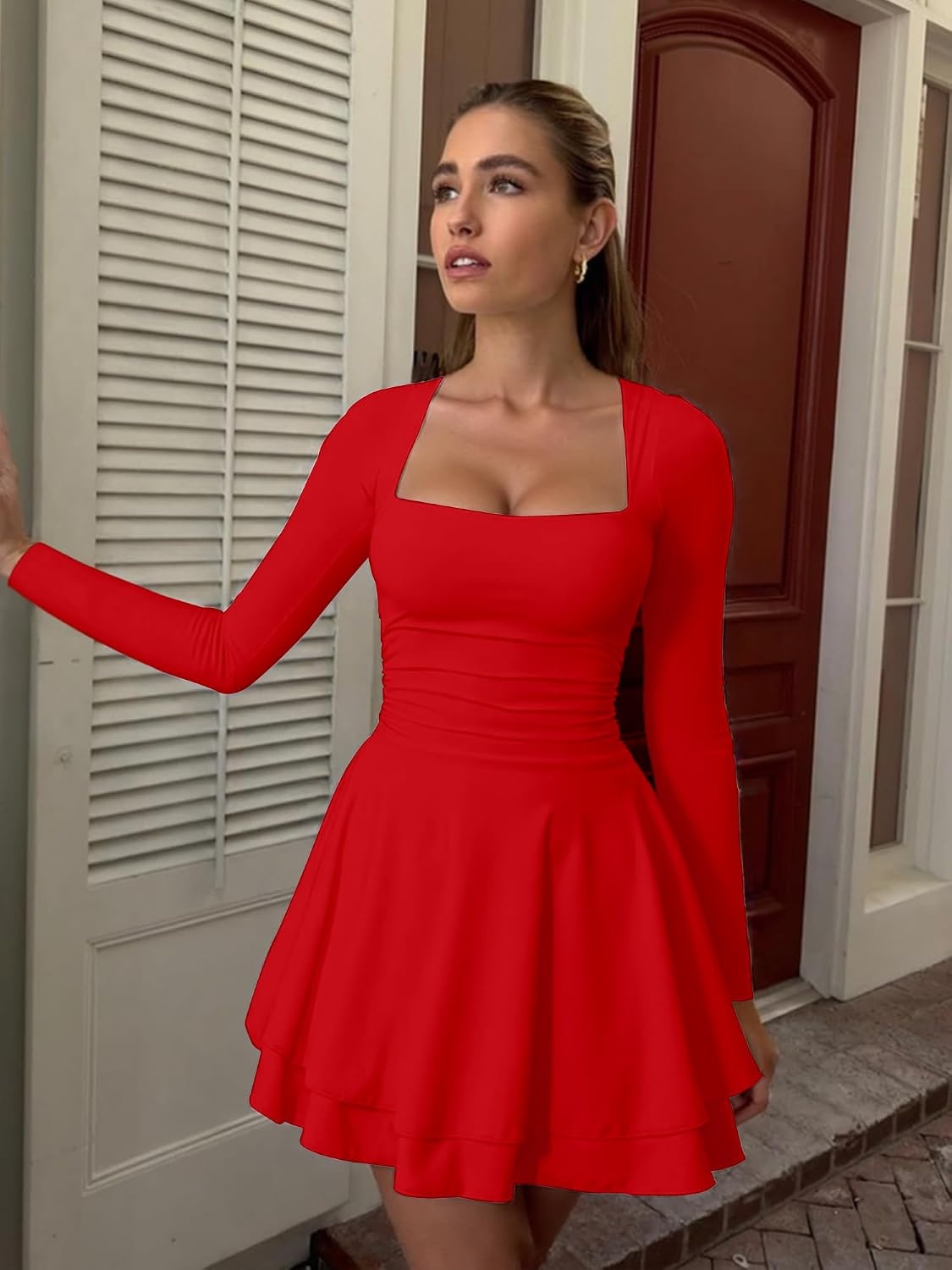 image:imageKaximil Womens Corset Long Sleeve Party Mini DressRed