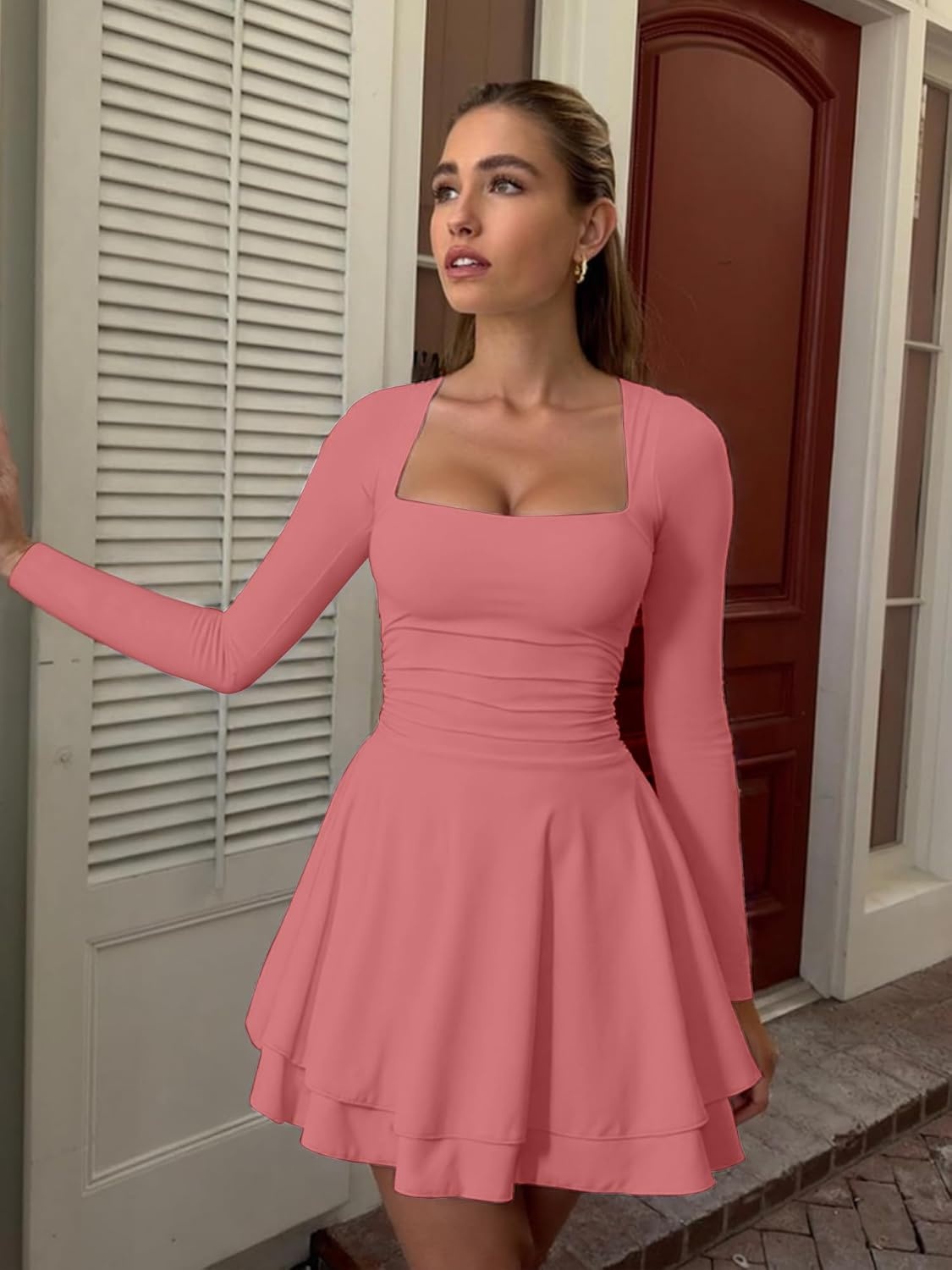 image:imageKaximil Womens Corset Long Sleeve Party Mini DressWater Pink