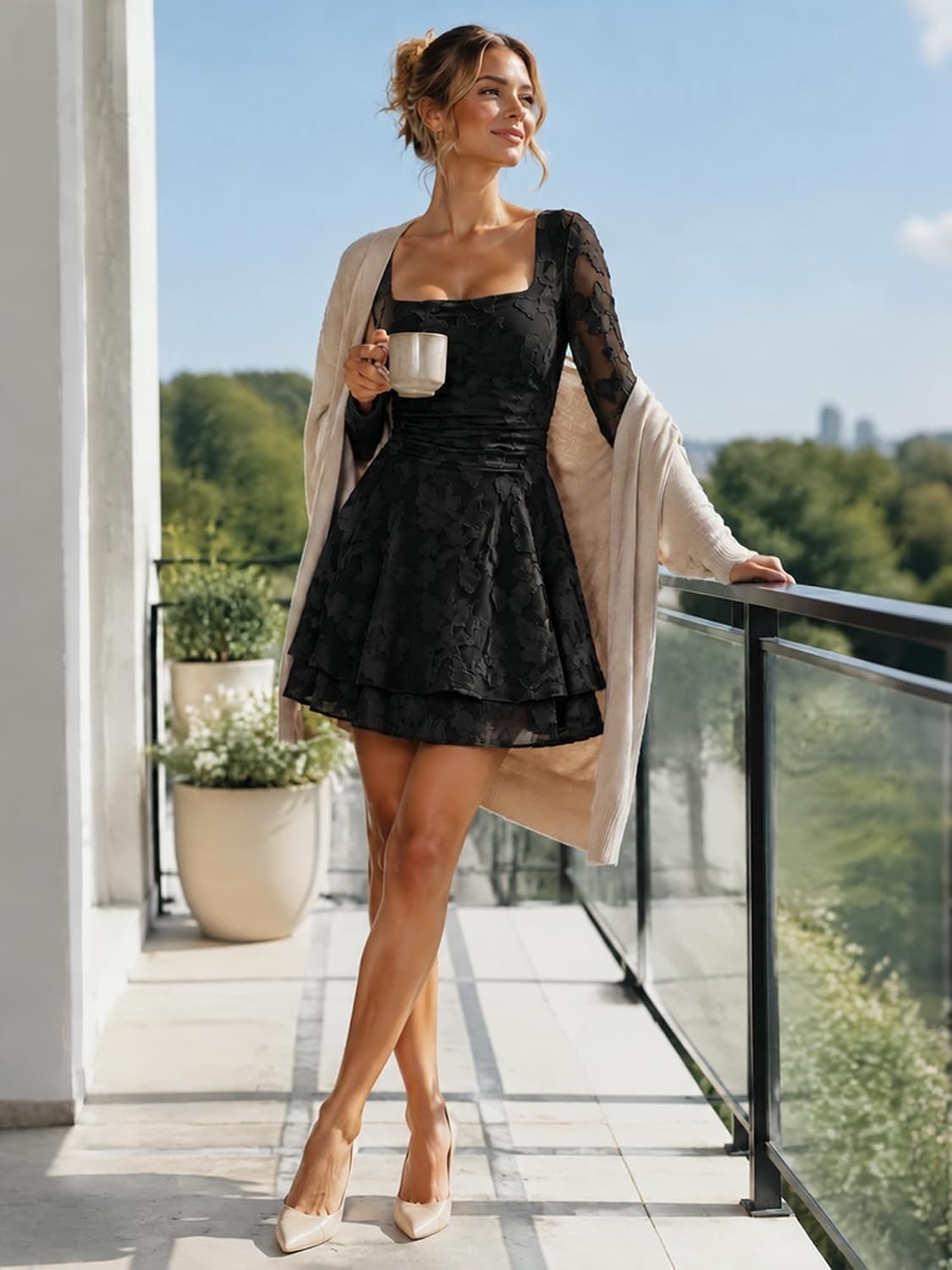 image:imageKaximil Womens Square Neck Long Sleeve Floral A Line Mini DressBlack