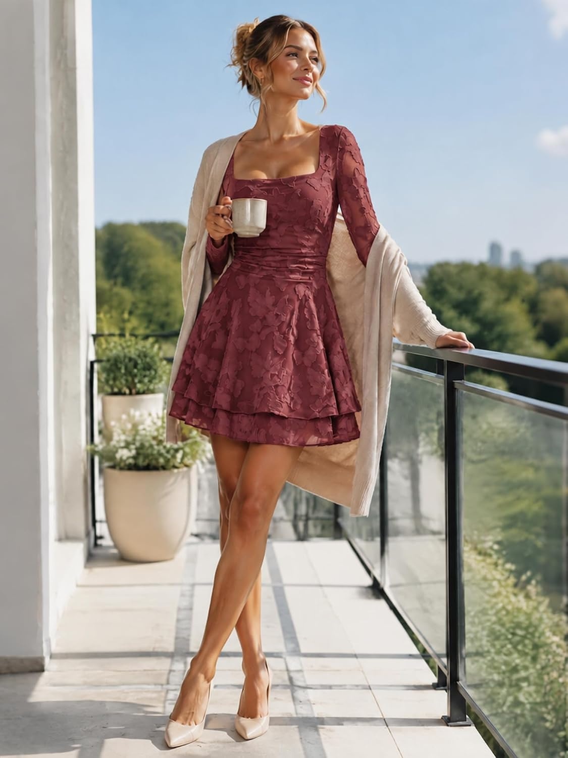 image:imageKaximil Womens Square Neck Long Sleeve Floral A Line Mini DressWine Red
