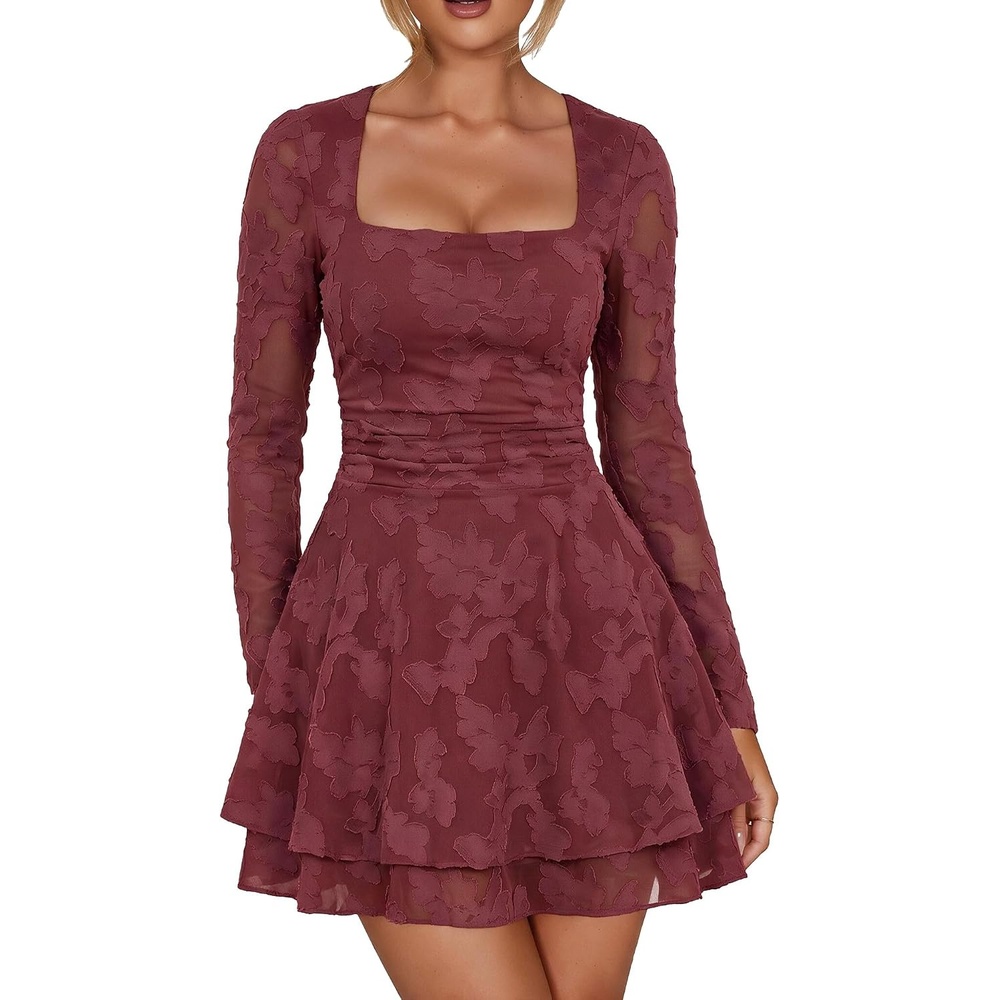 image:imageKaximil Womens Square Neck Long Sleeve Floral A Line Mini DressWine Red